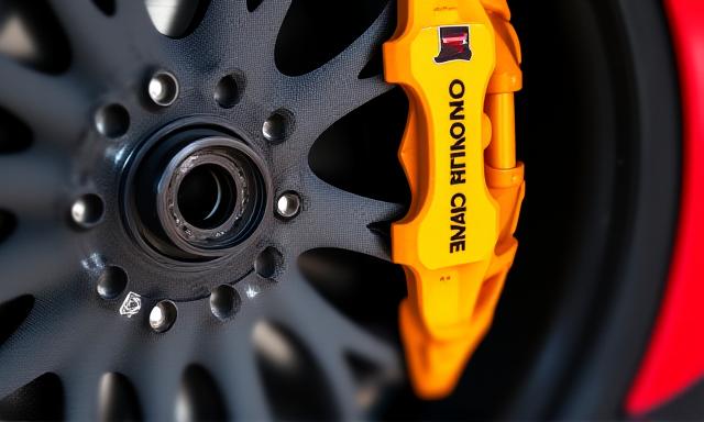 Detail brzdového kotouče a třmenu sportovního brzdového systému