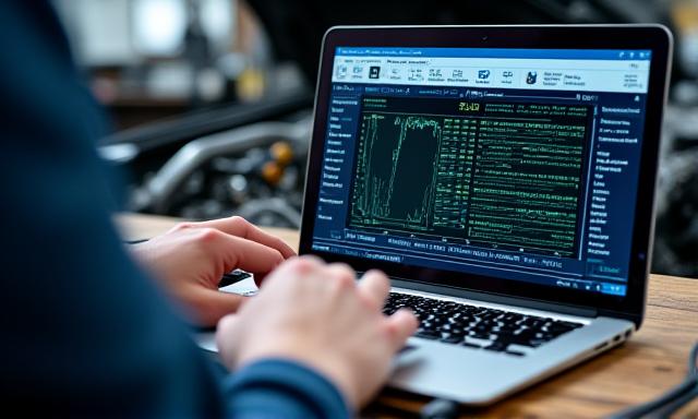 Technik provádějící chiptuning na laptopu s diagnostickým rozhraním